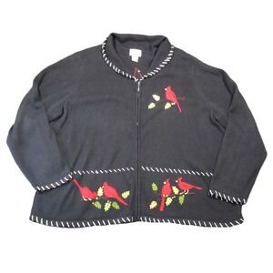 Breckenridge‎ Zip Cardigan 3X Black Embroidered Cardinals Holiday Winter Grandma